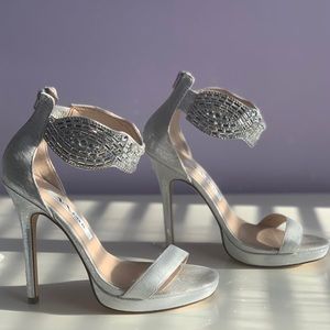 Nina Silver Crystal Ankle Strap Heels - Size 6